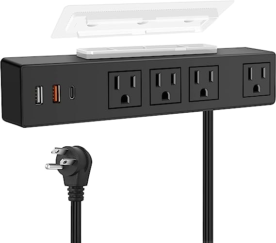 VILONG Black 10FT Type-C Under Desk Power Strip, Adhesive Wall Mount Power Strip with USB C Ports, Power Strip Socket Outlet, 4 AC Plug.20W 2 USB-A,1 PD Fast Charging 18W USB-C