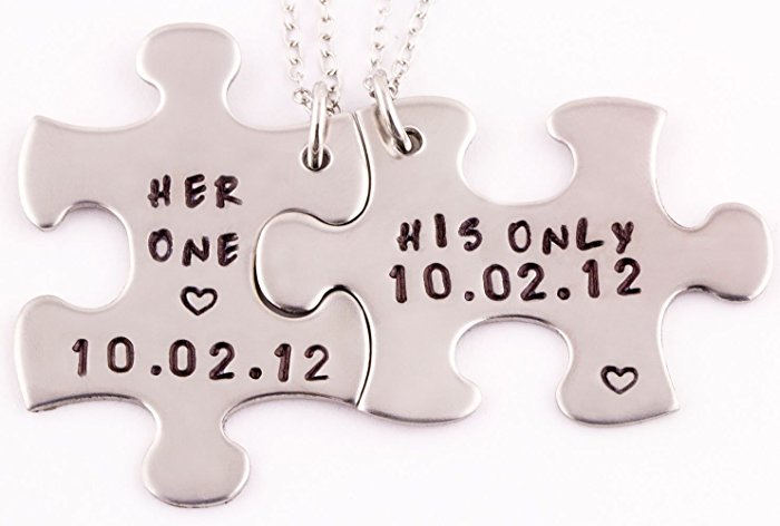 2 Piece Her One His Only Anniversary Date Interlocking Puzzle Piece Necklace Set | Stainless Steel