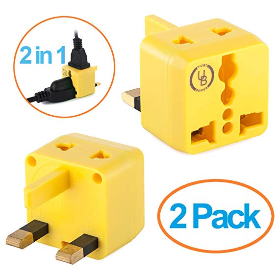 USA to UK Plug Adapter by Yubi Power 2 in 1 Universal Travel Adapter with 2 Universal Outlets - Yellow 2 Pack - Type G for United Kingdom, England, Hong Kong, Ireland, Scotland, and more