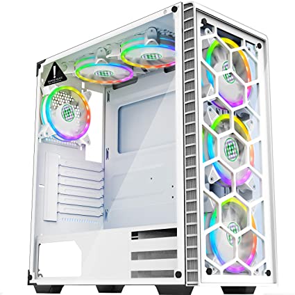 MUSETEX - ATX Mid-Tower PC Gaming Case - 6 PCS 120mm Fans Digital ARGB Lighting - 2 Tempered Glass Panels USB 3.0 - White Frame - Computer Chassis Desktop Case（903S6W）