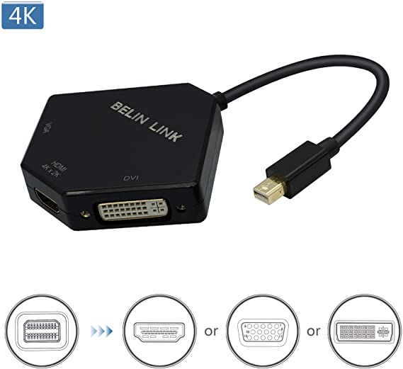 BELIN LINK Thunderbolt to HDMI VGA DVI Adapter, Mini dp （Display Port） to HDMI VGA DVI Gold-Plated Connector 3 in 1video Adapter, for MacBook Pro mac Book air Surface pro(Cobra Appearance) (Black)