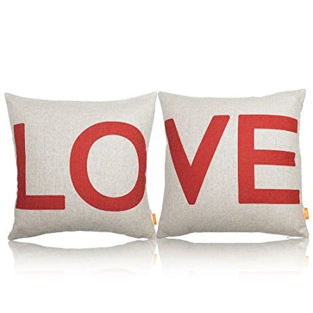 OJIA 18 X 18" Cotton Linen Decorative Couple Throw Pillow Cover Cushion Case Couple Pillow Case, Set of 2 - Love
