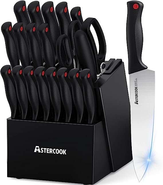 Knife Set, Astercook 21 Pieces Knife Sets for Kitchen with Block, Dishwasher Safe Kitchen Knife Set with Built-in Sharpener, Black