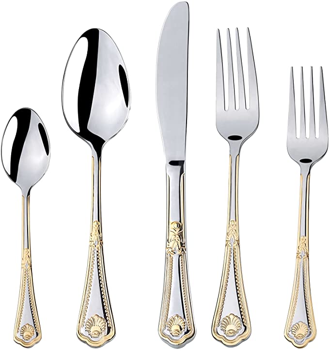 Italian Collection 'Seashell' 20-Piece Premium Surgical Stainless Steel Silverware Flatware Set 18/10, Service for 4, 24K Gold-Plated Hostess Serving Set