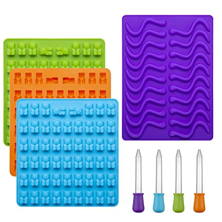 WARMWIND Silicone Gummy Bear Worm Molds, Non-Stick Candy Molds, FDA-Approved Chocolate, Jelly Molds, Dishwasher Safe, 4 Bonus Droppers, Blue, Orange, Green, Purple(Set of 4)