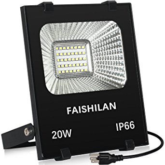 FAISHILAN 20W LED Flood Light Outdoor IP66 Waterproof with US-3 Plug 3000Lm for Garage,Garden,Yard