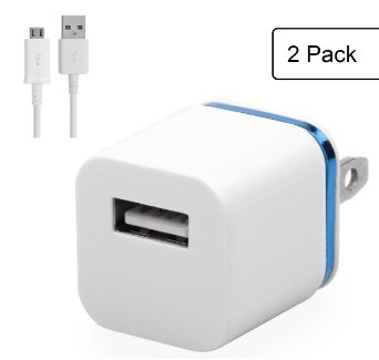 2 USB Wall Chargers & 2 Certified 3ft Micro-USB Charging Cables in Blue and White for Travel Home Office Use