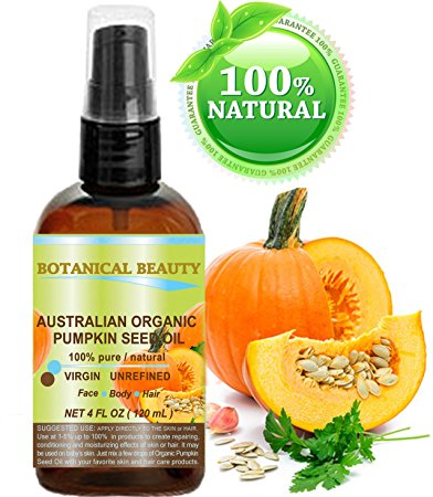 Botanical Beauty Organic Pumpkin Seed Oil Australian. 100% Pure / Natural / Undiluted /Unrefined Cold Pressed Carrier Oil. 4 Fl.oz.- 120 ml. For Skin, Hair, Lip And Nail Care. "One Of The Richest Sources Of Enzymes, Fatty Acids, Iron, Zinc, Vitamins A, C, E And K".