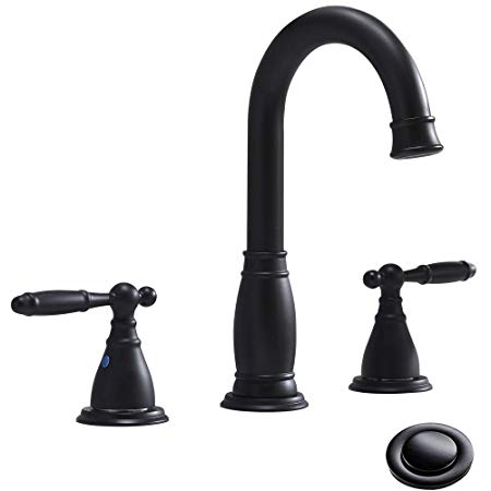 Phiestina Two-Handle High-Arch 8 inch Widespread Matte Black Bathroom Faucets,with Valve And Metal Pop-Up Drain Assembly