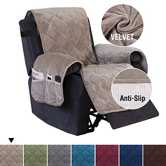 H.VERSAILTEX Recliner Sofa Slipcover Slip Resistant Quilted Velvet Plush Recliner Cover Furniture Protector Seat Width Up to 28" Couch Shield 2" Elastic Straps Recliner Slipcover Taupe