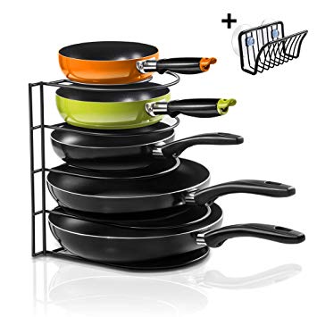 Heavy Duty Pan Rack with 1PC Sponge Holder 5-Tier Standing Pan Organizer for Kitchen Large Pot Lid Holders Masthome