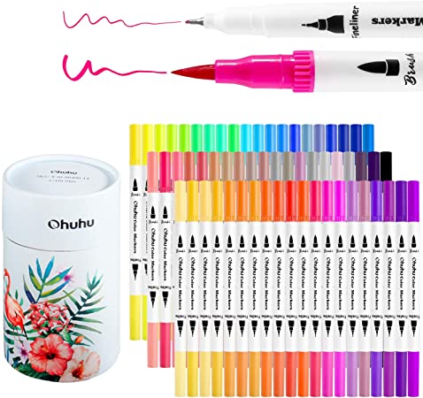 Ohuhu Art Markers Dual Tips Coloring Brush Fineliner Color Pens, 60 Colors of Water Based Marker for Calligraphy Drawing Sketching Coloring Book Bullet Journal Art Projects, Back to School Supplies