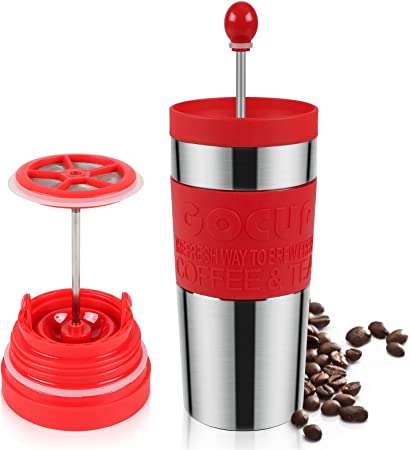 Opard French Press Travel Mug 360°Drinking Leakproof Lid Double-Walled Vacuum Insulated Stainless Steel Thermos Travel Mugs for Hot Drinks Men and Women