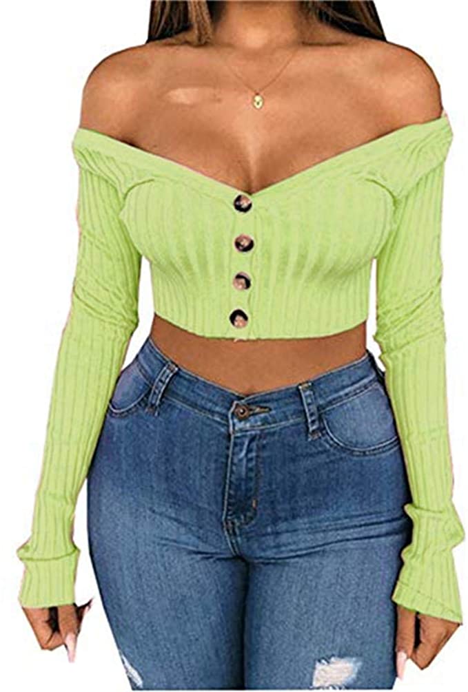 Artfish Women Long Sleeve V Neck Crop Top Neon Ribbed Sexy Fit Shirts with Buttons