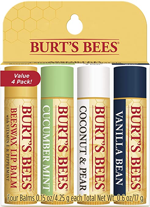 Burt's Bees 100% Natural Moisturizing Lip Balm, Multipack - Original Beeswax, Cucumber Mint, Coconut & Pear and Vanilla Bean with Beeswax & Fruit Extracts - 4 Tubes