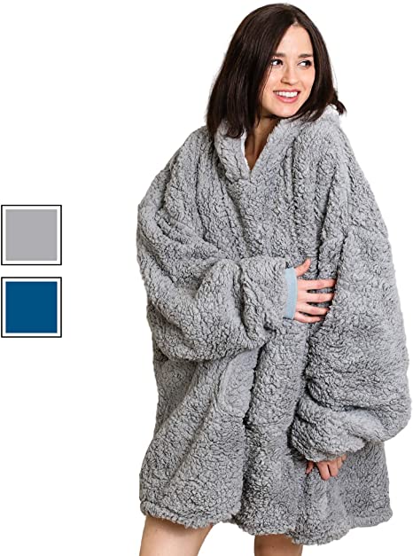 Roore Oversized Sherpa Wearable Blanket Hoodie | Super Soft Warm Comfy Reversible Hooded Sweatshirt Thick Plush Giant Pullover Fleece Sweater for Adult Men Women Teens Kids (Grey)