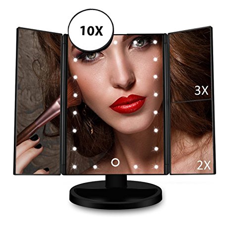 JOJOO 21 LED Lighted Vanity Makeup Mirror Tri-fold Magnifying 3X/2X/1X Touch Screen Cosmetic Makeup Mirror Travel Mirror, USB Powered or Battery Powered BP005B
