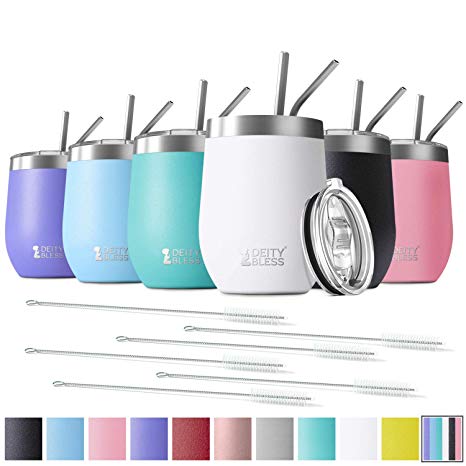 6 Pack 12 oz Stainless Steel Stemless Wine Tumbler with Leakproof Slip Lids, Double Wall Vacuum Insulated Travel Cup Including 12 Straws set,for Coffee, Cocktail, Drink, Tea and Beer(Assorted Colors)