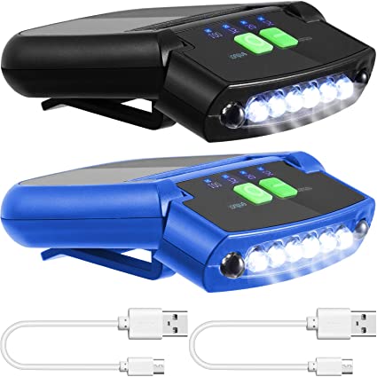 2 Pieces LED Clip on Cap Lights USB Rechargeable Cap Flashlight Clip Waterproof Ultra Bright Hands-Free Hat Light Flashlight Headlamp for Fishing Camping Hand Work (Black, Blue)