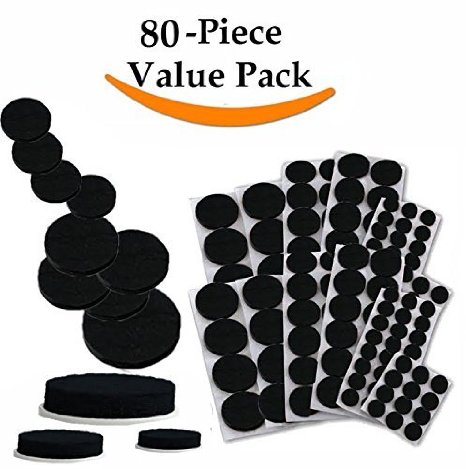 Self-Stick Round Felt Pads 80-Piece Value Pack Includes Three Different Sizes for Furniture Legs Protect Tile Linoleum Vinyl Wood Floors Black