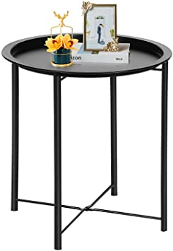 VECELO Side/End Table, Folding Round Metal  Anti-Rust and Waterproof Outdoor or Indoor Tray for Living Room Bedroom Balcony and Office, 1 PCS, Black