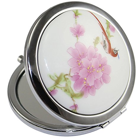 KOLIGHT New Vintage Chinese Landscape Flower Bird Double Sides (One is Normal,Another is Magnifying)Portable Foldable Pocket Metal Makeup Compact Mirror Woman Cosmetic Mirror (Flower Red Bird)
