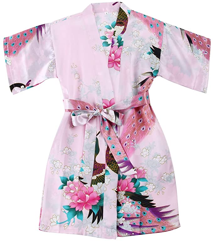 WONDERFIT Girls Stain Kimono Peacock Flower Robe for Spa Wedding Birthday