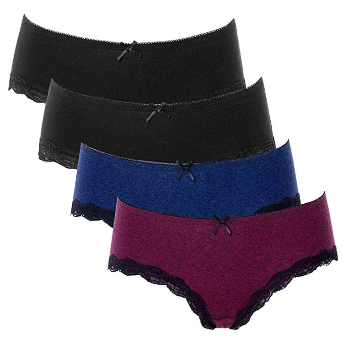 ATTRACO Women's Cotton Brief Panties Soft Underwear Lace Trim Hipster 4 Pack