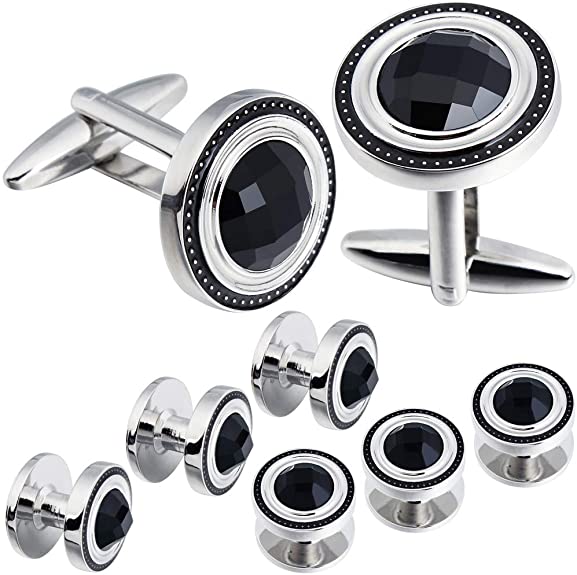HAWSON Crystal Cufflinks and Studs Sets for Men's Tuxedo Shirts with Gift Box - One Pair Cufflinks with 6 pcs Studs