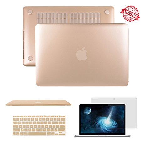 Macbook Air 11.6 inch Case, IC ICLOVER Rubberized Matte Hard Shell Plastic Case Matching Keyboard Skin LCD Screen Protector for Macbook Air 11.6"-Fits Model A1370 / A1465(Gold)
