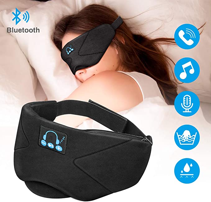 Laelr Bluetooth Sleep Eye Mask with Headphones, Washable Music Sleep Eye Shades 5.0 Wireless Bluetooth Headband Sport Headsets with Built-in Speakers Microphone for Travel Siesta Yoga