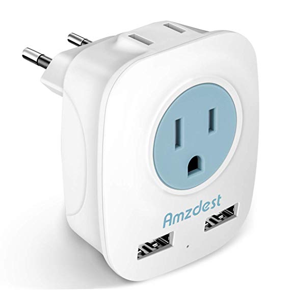 European plug adapter, Amzdest International Power Adapter with 2 USB& 2 AC Port, Adapter for US to Most European Outlets Italy Spain France Germany, 4 in 1 European Adapter for High Power Appliances