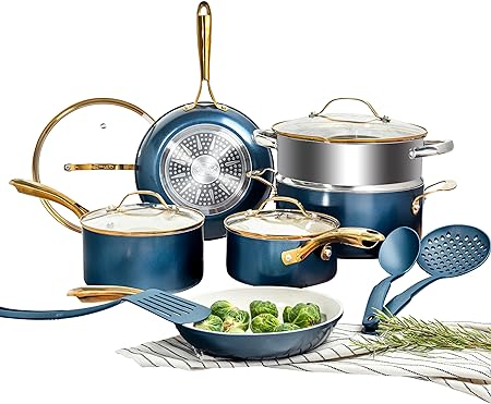 Gotham Steel 15 Pc Kitchen Pots and Pan Set, Non Stick Cookware Set, Pots and Pans Set, Ceramic Cookware Set, Pot Set Cookware Set nonstick, Oven/Dishwasher Safe, Non Toxic, Cream White and Blue