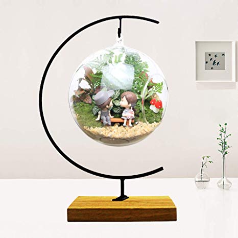 Ornament Display Stand Flower Plant Pot Stand Holder Iron Pothook Stand for Hanging Glass Terrarium (Wood)