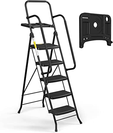 HBTower 5 Step Ladder with Handrails, Folding Step Stool with Tool Platform, 500 LBS Portable Steel Ladder for Adults for Home Kitchen Library Office, Black