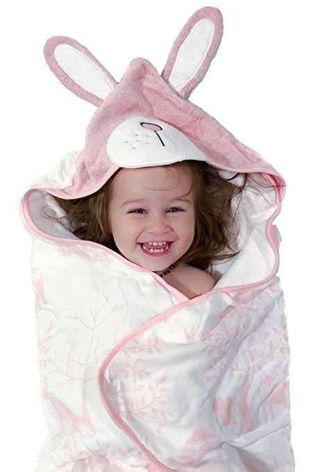 Organic Bamboo Baby Hooded Towel by Clover & Sage - Pink Bunny