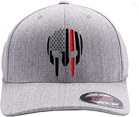 Thin RED LINE - Thin Blue LINE Spartan Helmet and Distressed Skull Flexfit Cap. Embroidered. 6277-6477 Flexfit