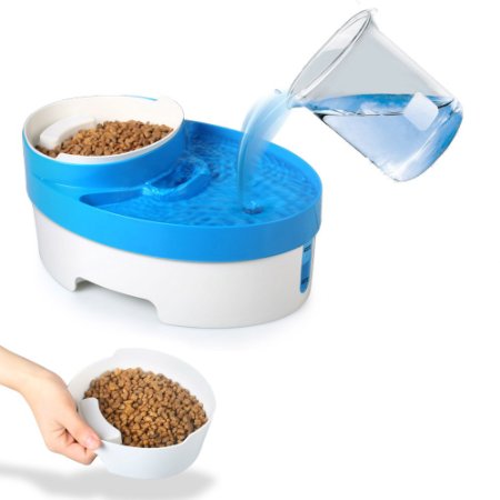 Flexzion Pet Water Fountain 3 in 1 Filtered Food Feeder with Removable Bowl Scoop Built-In Night light for Cats and Dogs Super Quiet Operation Holds and Filters Up To 3L Water AC 12V