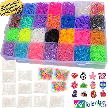 9100pc Original Rainbow MEGA Refill Loom Bands by Talented Kidz: 8500 Premium Quality Bands in 28 Vibrant Colors, 24 Charms, 125 Beads, 500 Clips & Organizer. Best Choice f/Rubber Bracelet Making Kit