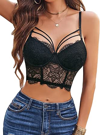 Avidlove Lace Bralette for Women V Neck Camisoles Adjustable Strap Two Layer Crop Top Bustier Tops