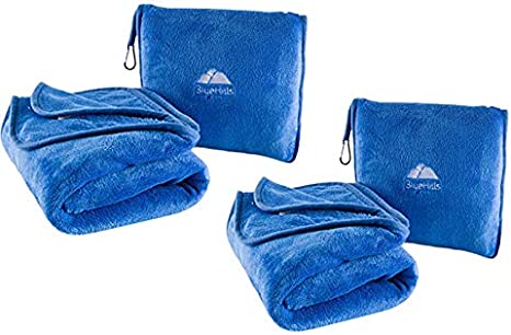 BlueHills 2-Pack Premium Soft Travel Blanket Pillow Airplane Blanket in Soft Bag Pillowcase with Hand Luggage Belt and Backpack Clip, Compact Pack Large Blanket for Any Travel Royal Blue T015