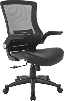 Office Star Screen Back Manager's Office Chair with Padded Flip Arms Nylon Base, Black Faux Leather