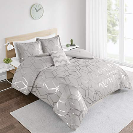 Comforter Set Twin Bedding Set - Vivian 3 Piece Grey/Silver - Geometric Metallic Print - Hypoallergenic Soft Microfiber Lightweight All Season Twin Comforter - Fits Twin/Twin XL