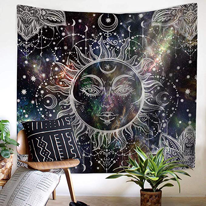 Nidoul Psychedelic Wall Tapestry, Boho Mandala Moon Tapestry Wall Hanging, Hippie Sun Forest Tapestry, Wall Art Decoration for Bedroom Living Room Dorm, Window Curtain Picnic Mat, 59" X 51"