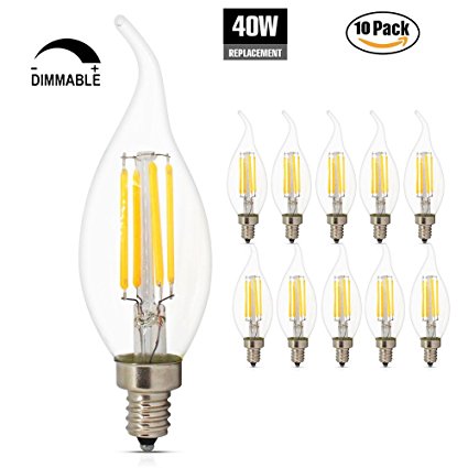 Dimmable LED Candelabra bulbs, 4W 2700K E12 Base LED Filament Chandelier Light Bulbs 40W Equivalent, Warm White,360° Beam Angle, Flame Tip, Vintage Decorative Candle Light Bulb,10 Pack