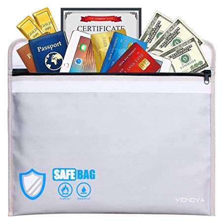 Fireproof Document Bag with Pockets Anti-Irritation 15 x 11 Silicone Coated Fire Water Resistant Money Bag Fireproof Safe Storage for Money, Documents, Jewelry and Passport