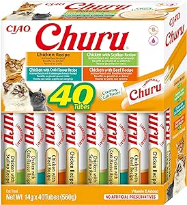 INABA Churu - Friandises pour Chats en Purée aux 4 Saveurs de Poulet - Délicieux Snacks pour Félins - Texture Lisse et Onctueuse - Nourriture pour Chats - 40 Tubes x 14g