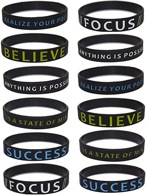 (10-Pack) Motivational Silicone Rubber Wristband Bracelets for Adults, Men and Women; Inspirational Silicone Word Bracelets for Success, Focus and Believe; Black, Green and Blue Rubber Band Bracelet