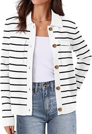 MEROKEETY Women's 2024 Fall Knit Striped Long Sleeve Sweater Open Front Button Down Cardigan