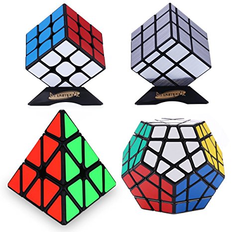 Dreampark 4-Pack Populer Magic Cube Puzzle - Includes 3x3 Speed Cube, Pyraminx Speedcubing Puzzle, Megaminx Cube and Mirror Cube